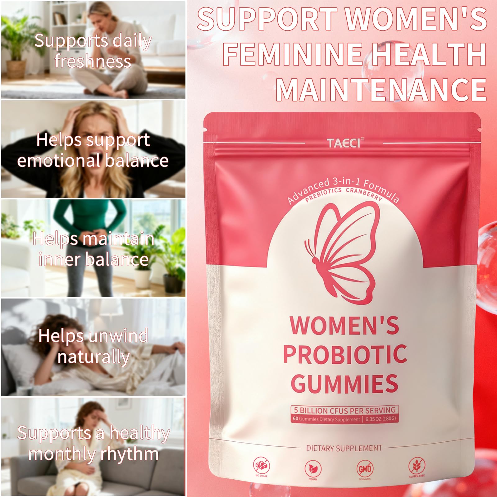 Taeci Vaginal Probiotic Gummies for Women – 5 Billion CFU with Prebiotic & Cranberry Extract – Supports pH Balance, Healthy Odor & Gut Health - Maple Wellness Supplements