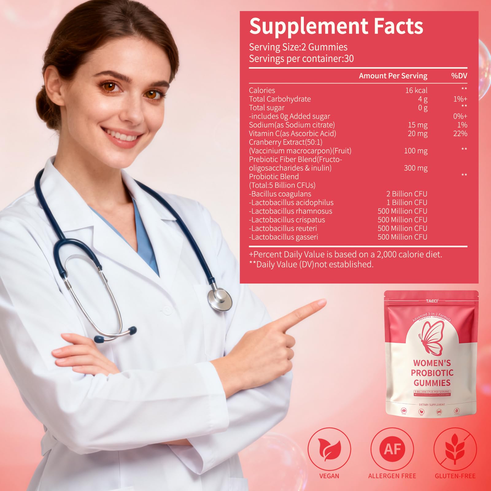 Taeci Vaginal Probiotic Gummies for Women – 5 Billion CFU with Prebiotic & Cranberry Extract – Supports pH Balance, Healthy Odor & Gut Health - Maple Wellness Supplements