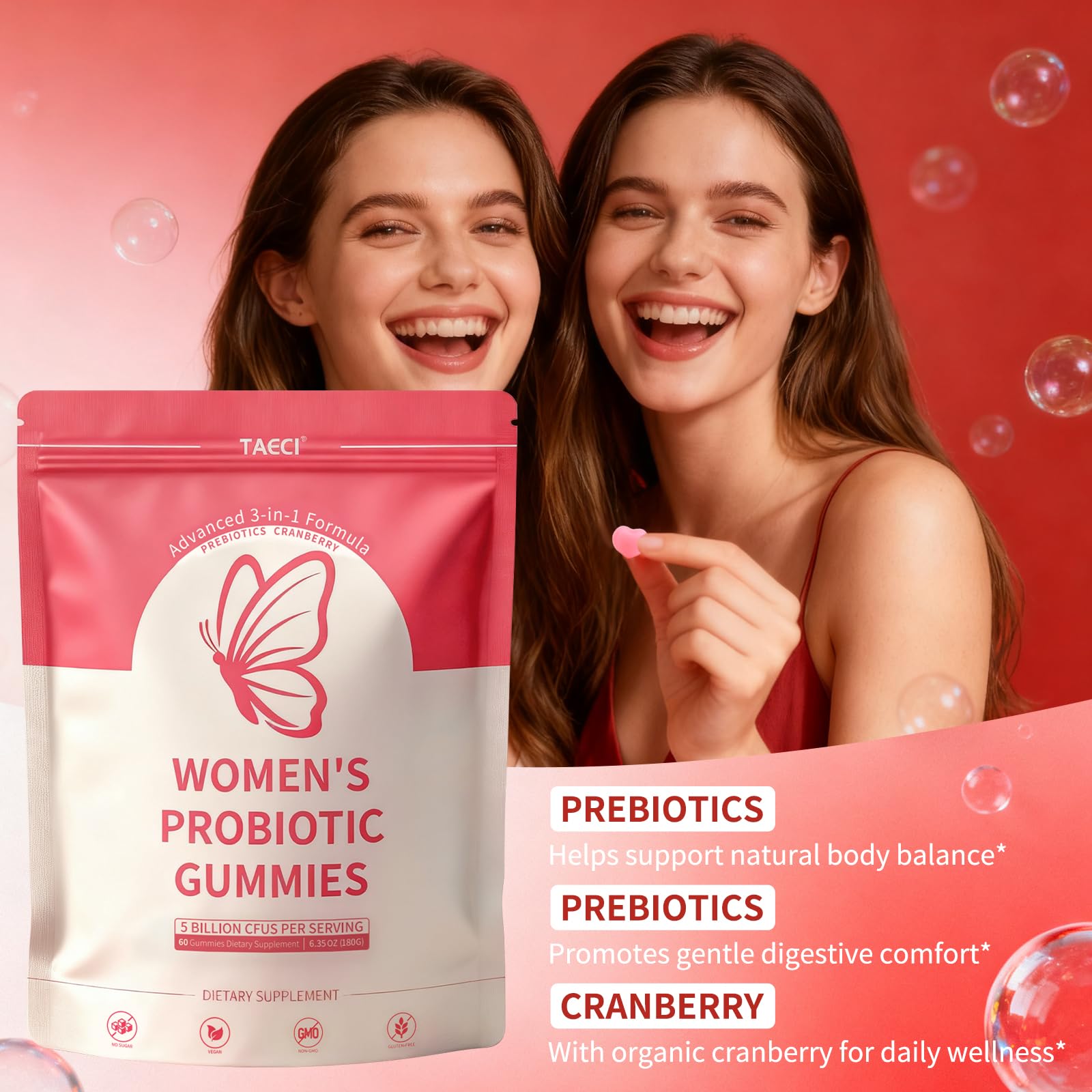 Taeci Vaginal Probiotic Gummies for Women – 5 Billion CFU with Prebiotic & Cranberry Extract – Supports pH Balance, Healthy Odor & Gut Health - Maple Wellness Supplements