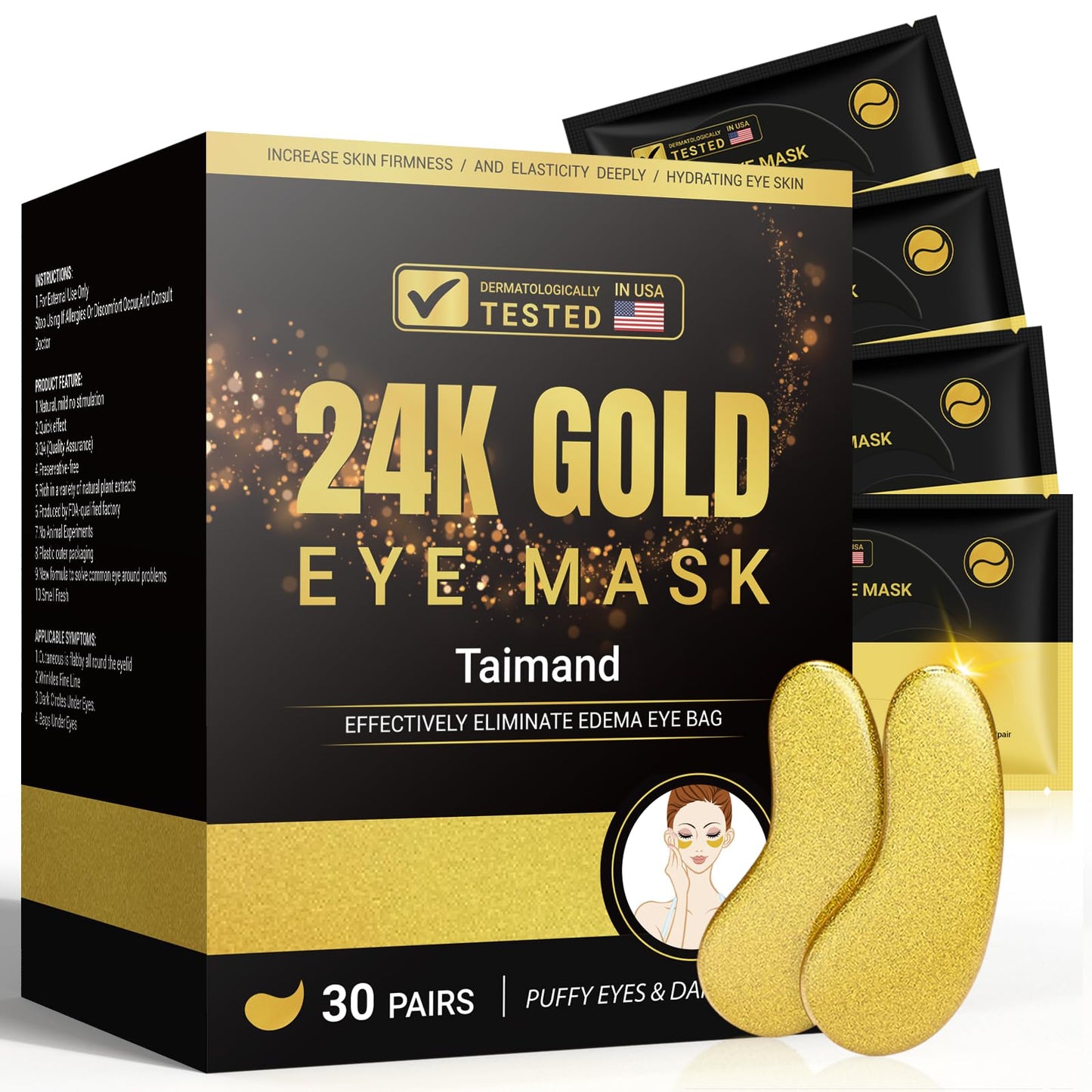Taimand Under Eye Patches (30 Pairs), 24K Gold Under Eye Mask for Puffy Eyes, Dark Circles,Bags and Wrinkles with Collagen - Maple Wellness Supplements