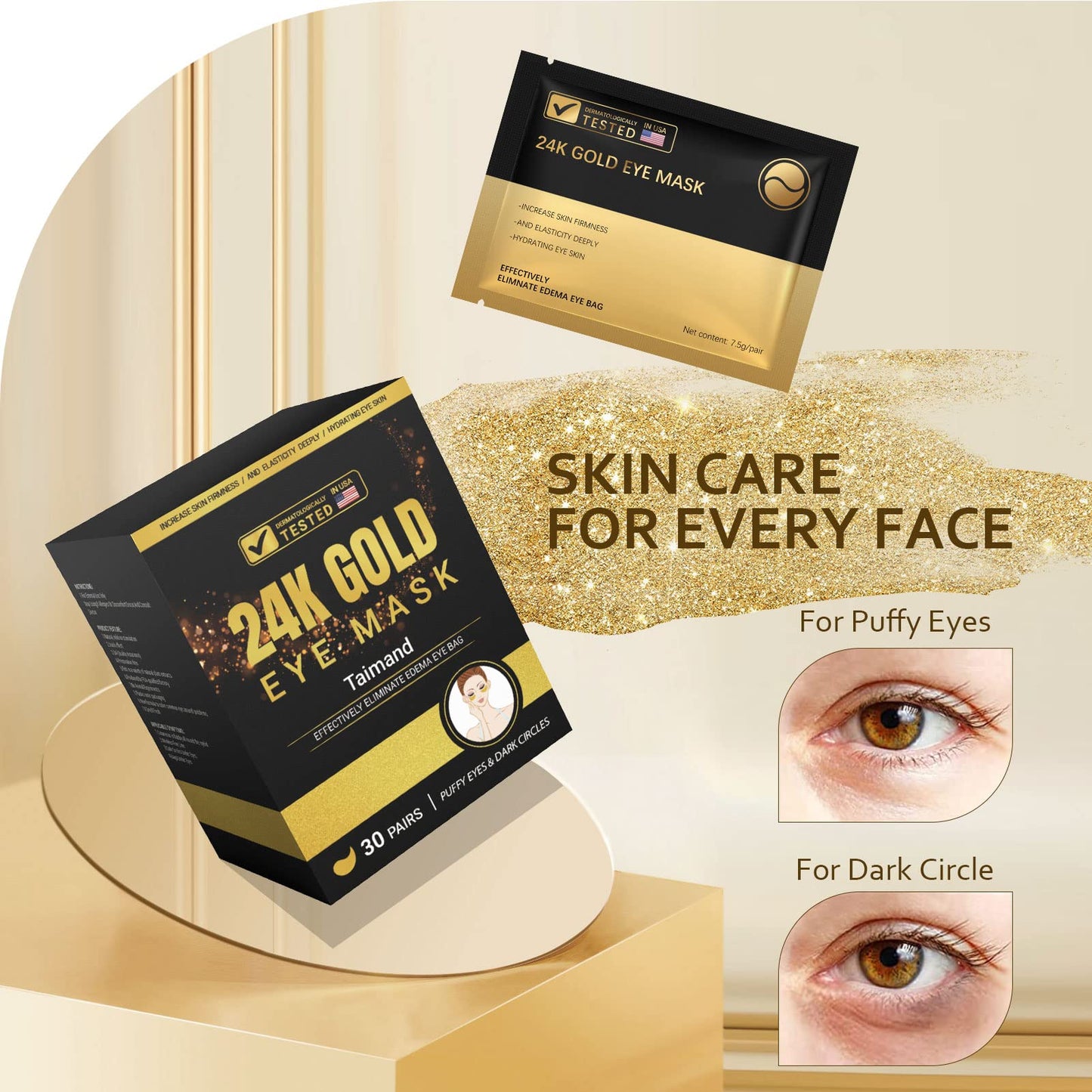 Taimand Under Eye Patches (30 Pairs), 24K Gold Under Eye Mask for Puffy Eyes, Dark Circles,Bags and Wrinkles with Collagen - Maple Wellness Supplements