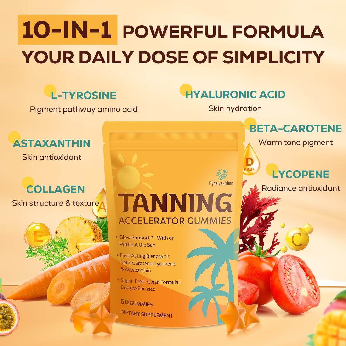 Tanning Gummies with Astaxanthin for Women and Men | Sunless Tanning Supplement with Beta Carotene, Lycopene, Collagen & Vitamins | Skin Radiance & Hydration | Vegan & Sugar Free - 60 Count - Maple Wellness Supplements