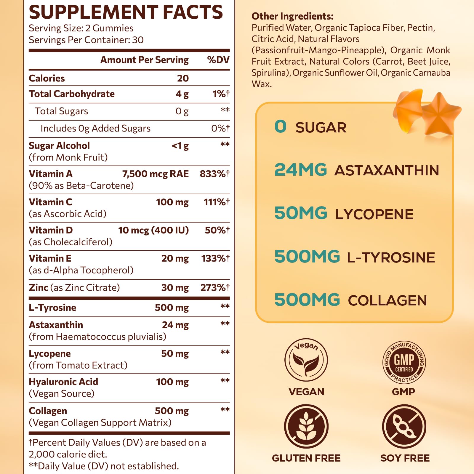 Tanning Gummies with Astaxanthin for Women and Men | Sunless Tanning Supplement with Beta Carotene, Lycopene, Collagen & Vitamins | Skin Radiance & Hydration | Vegan & Sugar Free - 60 Count - Maple Wellness Supplements