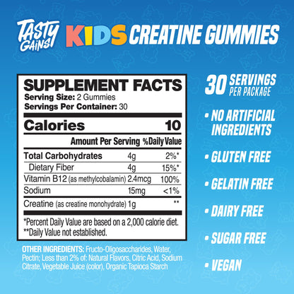TASTY GAINS Kids & Teen Creatine Gummies with Vitamin B12 for Growth Support, Easy Chew Daily Supplement, Gummy Vitamins for Kids and Teens, Ages 5+ - Maple Wellness Supplements
