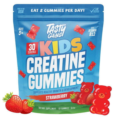 TASTY GAINS Kids & Teen Creatine Gummies with Vitamin B12 for Growth Support, Easy Chew Daily Supplement, Gummy Vitamins for Kids and Teens, Ages 5+ - Maple Wellness Supplements