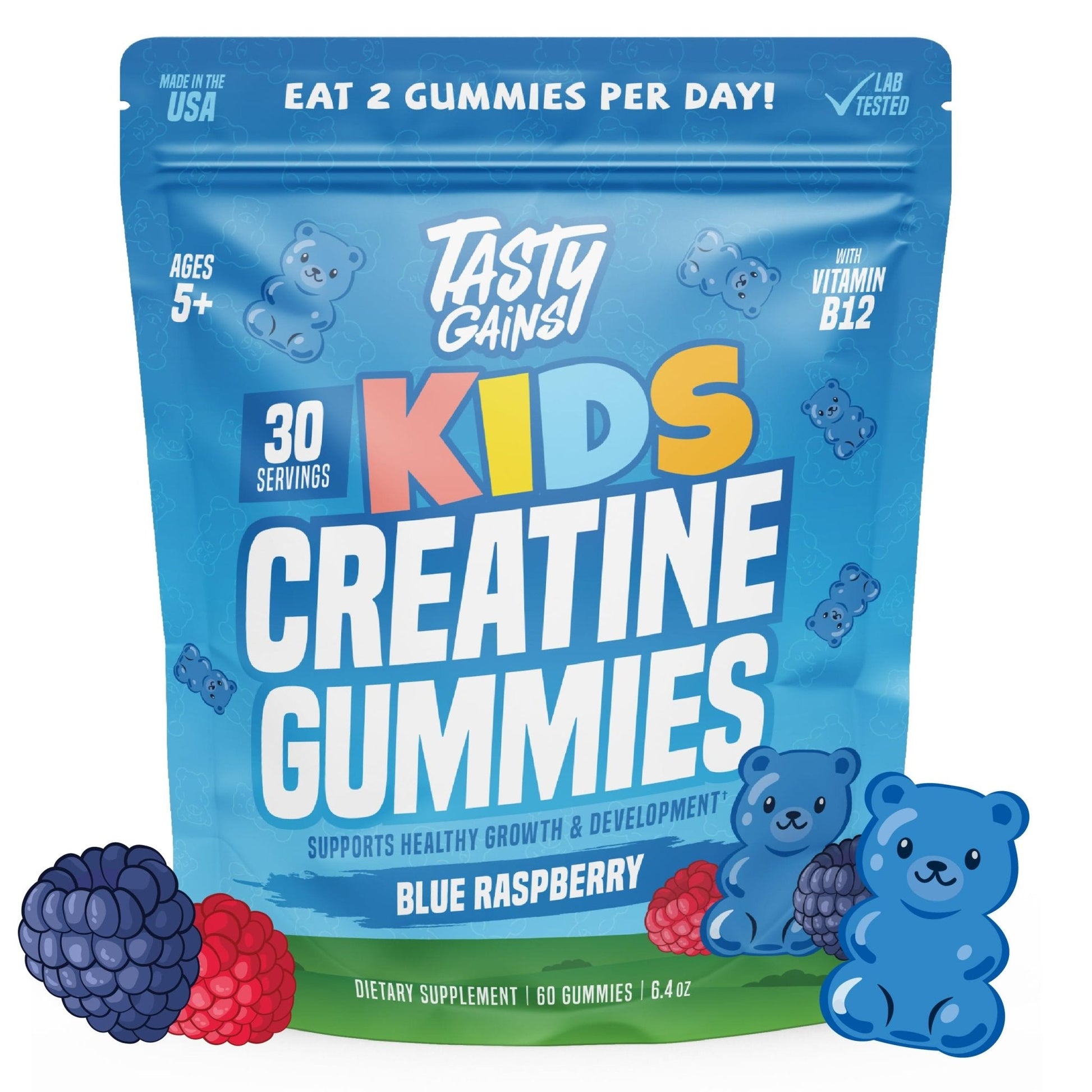 TASTY GAINS Kids & Teen Creatine Gummies with Vitamin B12 for Growth Support, Easy Chew Daily Supplement, Gummy Vitamins for Kids and Teens, Ages 5+ - Maple Wellness Supplements