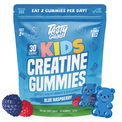 TASTY GAINS Kids & Teen Creatine Gummies with Vitamin B12 for Growth Support, Easy Chew Daily Supplement, Gummy Vitamins for Kids and Teens, Ages 5+ - Maple Wellness Supplements
