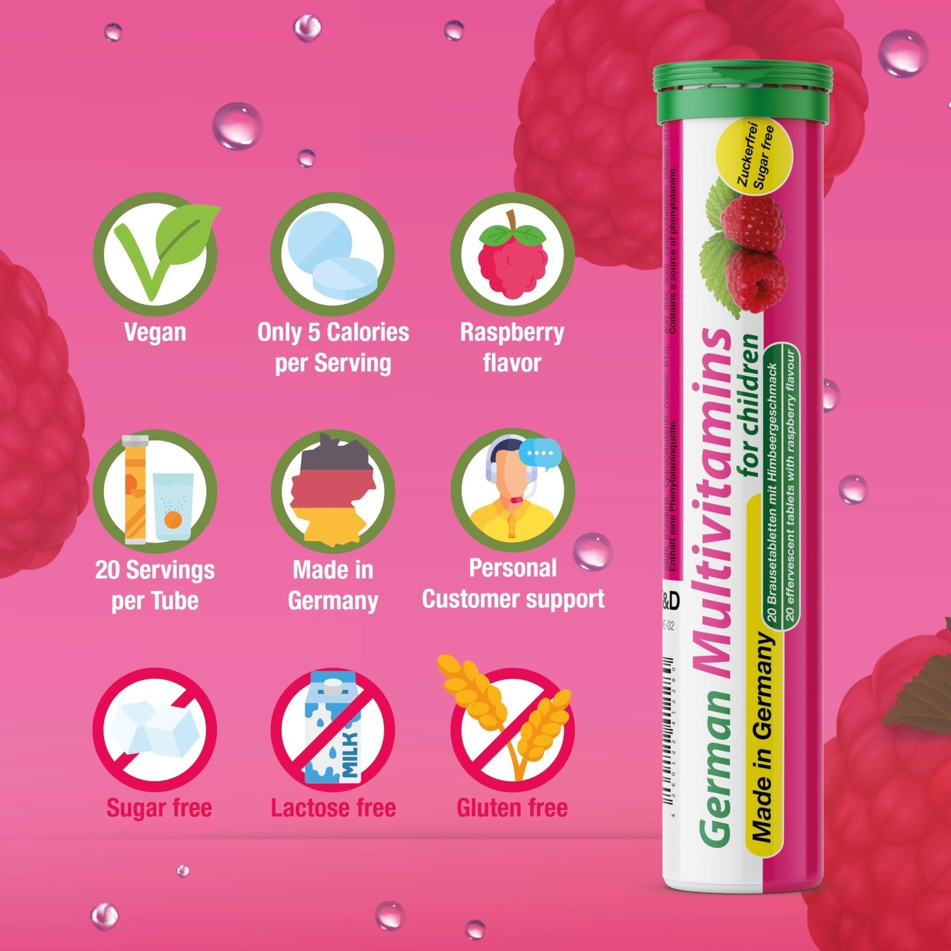 T&D German Multivitamin for Children 60 Drink Effervescent Tablets - Sweet Raspberry Flavour, Sugar Free, Vegan - Vitamin C, E, B1, B2, B6, B12 - Maple Wellness Supplements