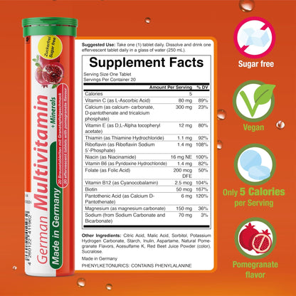 T&D German Multivitamin + Mineralien Drink Effervescent Tablets 60 Servings Pomegranate Flavour – 10 Vitamins + 2 Minerals – Made in Germany - Maple Wellness Supplements