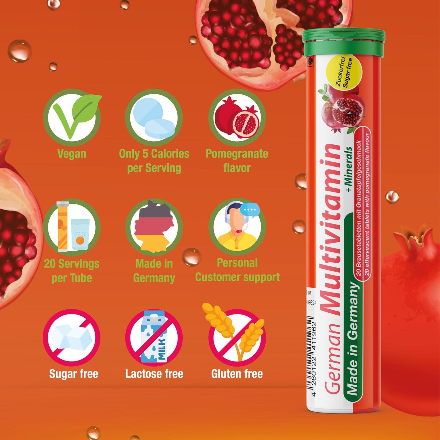 T&D German Multivitamin + Mineralien Drink Effervescent Tablets 60 Servings Pomegranate Flavour – 10 Vitamins + 2 Minerals – Made in Germany - Maple Wellness Supplements