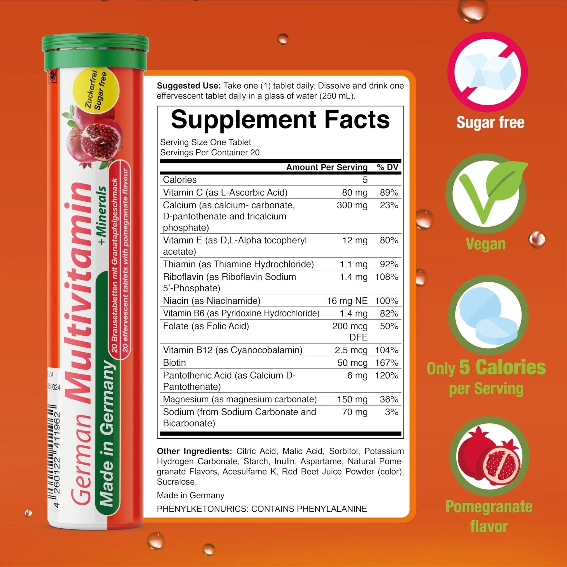 T&D German Multvitamin + Minerals 10 Vitamins 2 Minerals - 100 Vegan Drink Effervescent Tablets - Pomegranate Flavor - Maple Wellness Supplements