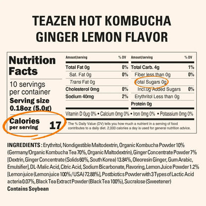TEAZEN Lemon Ginger Hot Kombucha Tea, Live Probiotics & Postbiotics, Relaxation and Warmth for Colds and Sore Throat, Hydration Drink Mix, Sugar Free, 30 Sticks, 5.29oz - Maple Wellness Supplements