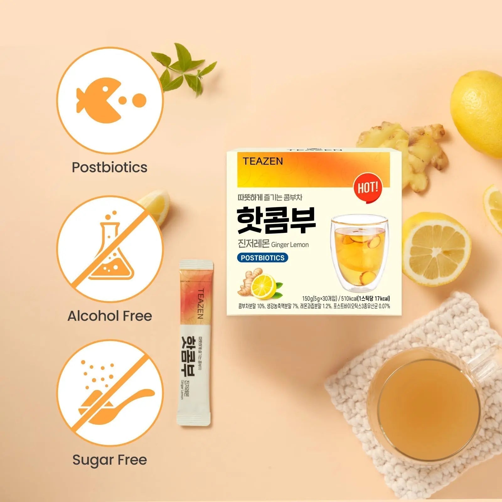 TEAZEN Lemon Ginger Hot Kombucha Tea, Live Probiotics & Postbiotics, Relaxation and Warmth for Colds and Sore Throat, Hydration Drink Mix, Sugar Free, 30 Sticks, 5.29oz - Maple Wellness Supplements