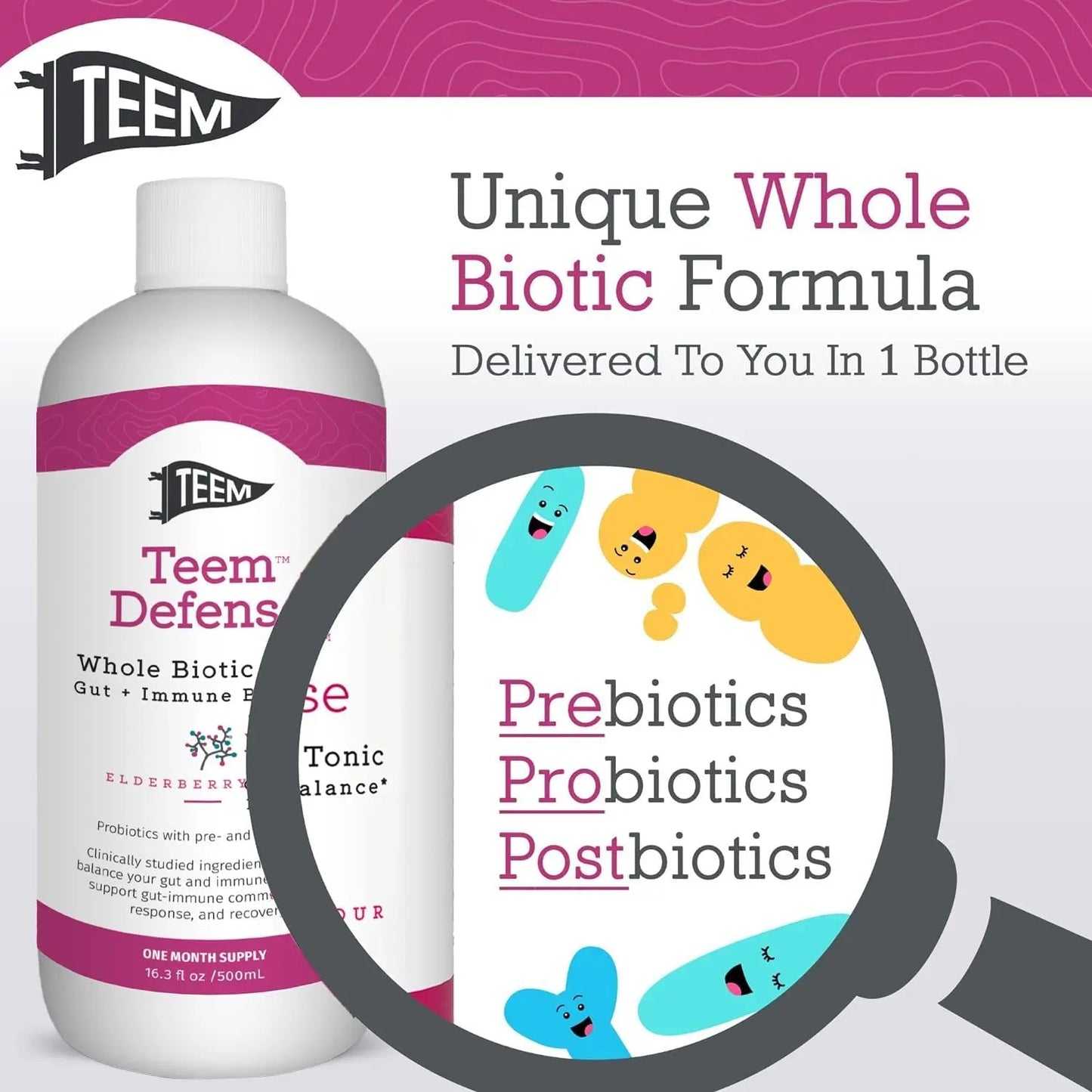 Teem Defense Liquid Probiotic with Elderberry, Whole Biotic Tonic for Digestion & Immunity, Prebiotic Probiotic & Postbiotic Supplement for Kids and Adults, 30 Day Supply – 16.3 Fl.Oz - Maple Wellness Supplements