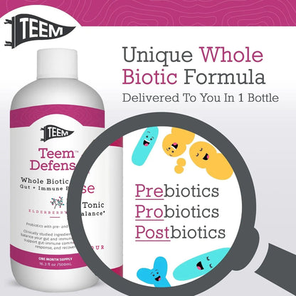 Teem Defense Liquid Probiotic with Elderberry, Whole Biotic Tonic for Digestion & Immunity, Prebiotic Probiotic & Postbiotic Supplement for Kids and Adults, 30 Day Supply – 16.3 Fl.Oz - Maple Wellness Supplements