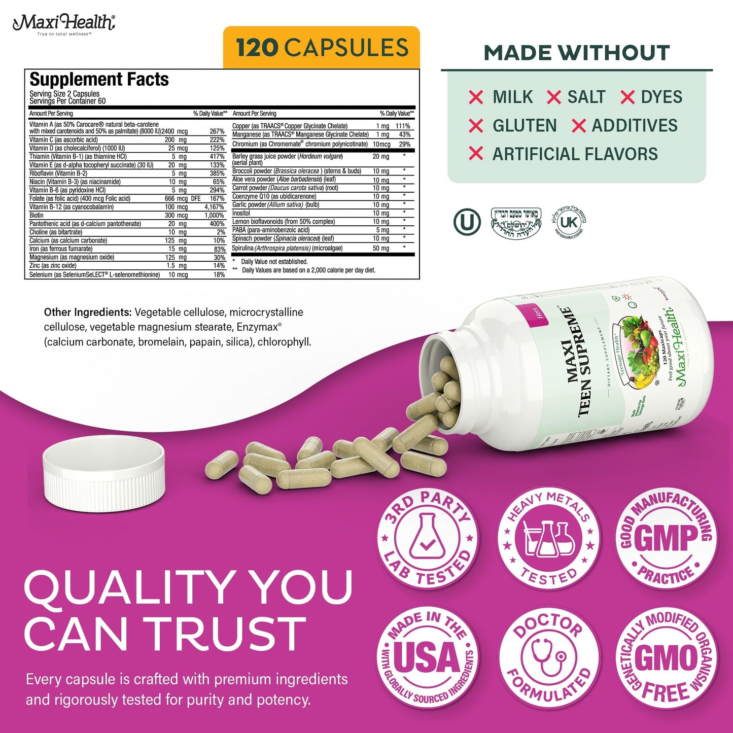 Teen Vitamins for Girls 12-17 - Teen Multivitamin D3, Iron, Calcium, Biotin, Zinc, Digestive Enzymes – Teenager Girl Multi Vitamins - Maple Wellness Supplements
