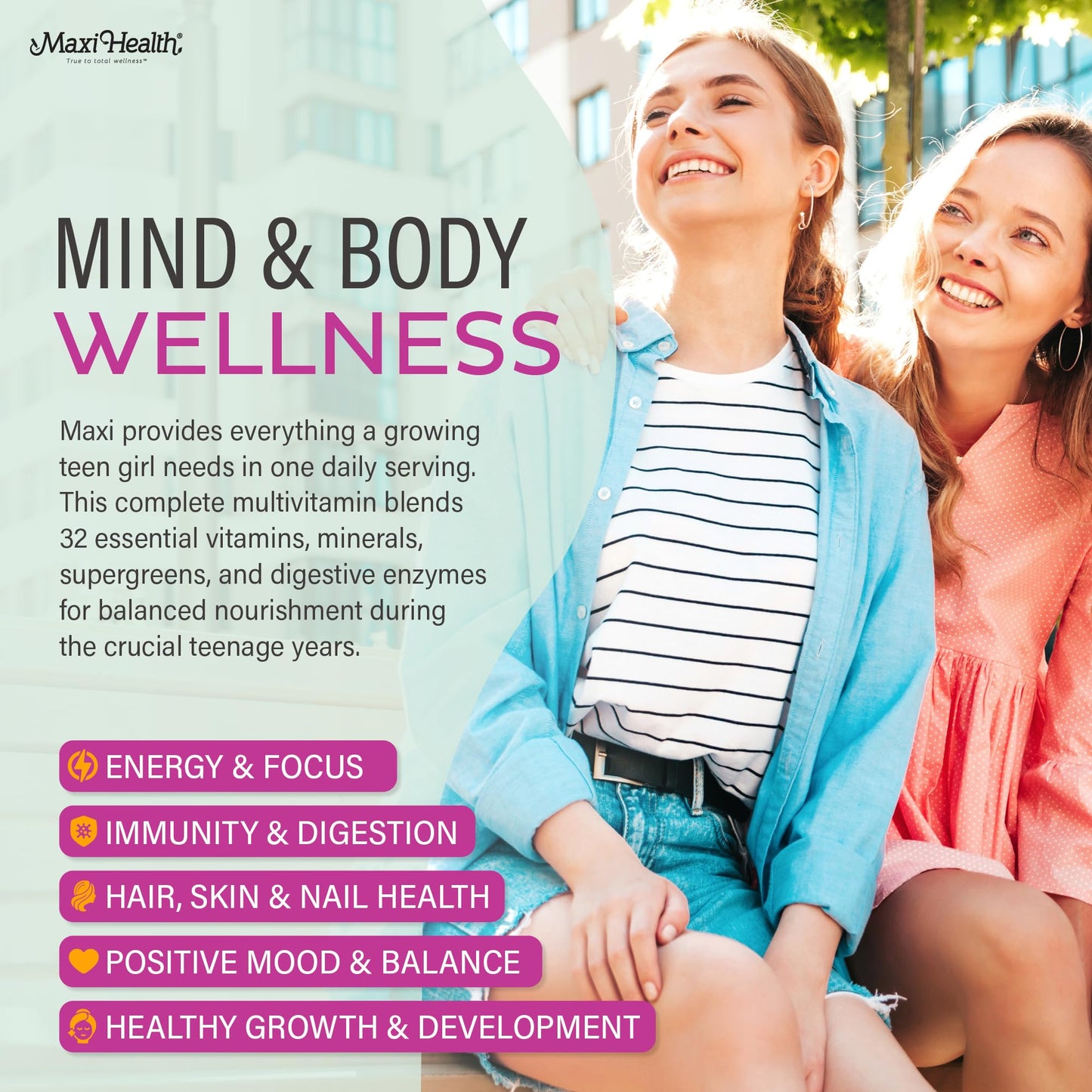 Teen Vitamins for Girls 12-17 - Teen Multivitamin D3, Iron, Calcium, Biotin, Zinc, Digestive Enzymes – Teenager Girl Multi Vitamins - Maple Wellness Supplements