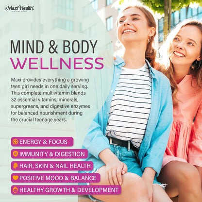 Teen Vitamins for Girls 12-17 - Teen Multivitamin Supreme with D3, Iron, Calcium, Biotin, Digestive Enzymes – Teenager Girl Multi Vitamins for Energy, - Maple Wellness Supplements