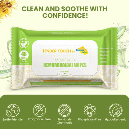 Tender Touch Hemorrhoid Wipes with Witch Hazel and Aloe, Flushable Medicated Wipes for Hemorrhoid and Vaginal Relief - Postpartum-Safe, Fragrance-free, Travel Size, 1 Pack, 48-ct. - Maple Wellness Supplements