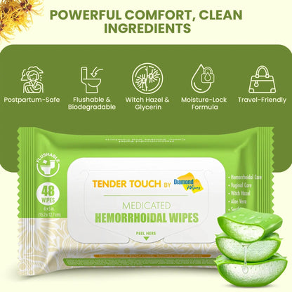 Tender Touch Hemorrhoid Wipes with Witch Hazel and Aloe, Flushable Medicated Wipes for Hemorrhoid and Vaginal Relief - Postpartum-Safe, Fragrance-free, Travel Size, 1 Pack, 48-ct. - Maple Wellness Supplements