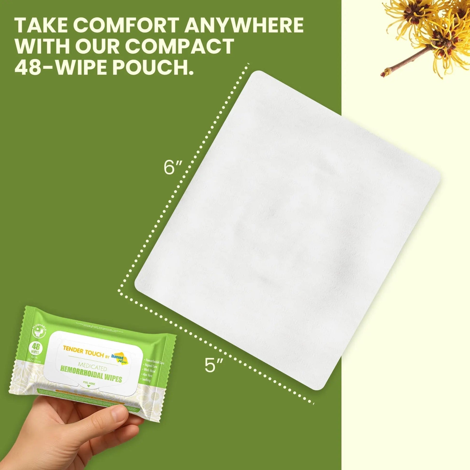 Tender Touch Hemorrhoid Wipes with Witch Hazel and Aloe, Flushable Medicated Wipes for Hemorrhoid and Vaginal Relief - Postpartum-Safe, Fragrance-free, Travel Size, 1 Pack, 48-ct. - Maple Wellness Supplements