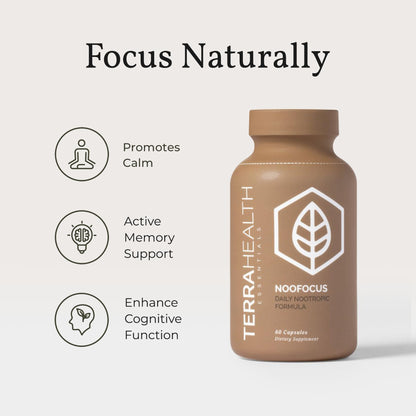 Terra Health Essentials NOOFOCUS - Nootropics Brain Support Supplement with Adaptogenic Mushrooms, Alpha-GPC, Gotu Kola, L-Theanine for Focus & Memory - All Natural, 30 Day Supply - Maple Wellness Supplements