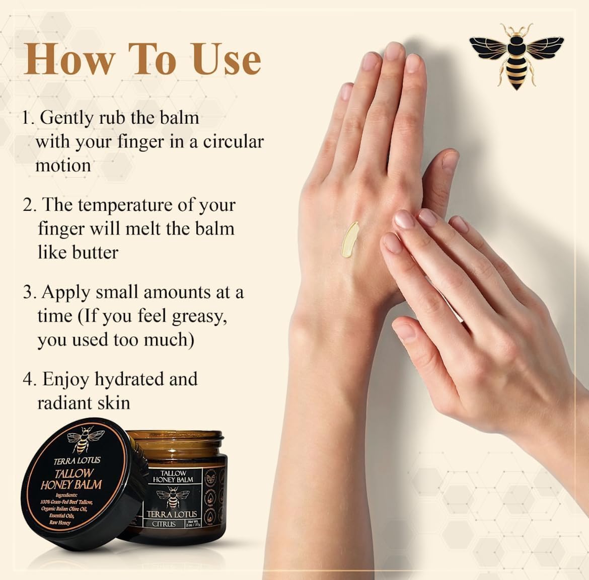 Terra Lotus - Organic Grass-Fed Beef Tallow Balm with Raw Honey - Moisturizing Cream - Maple Wellness Supplements