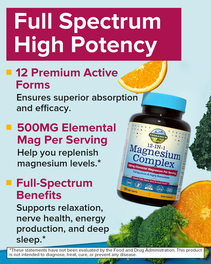Terranics 12-in-1 Magnesium Complex 500mg, High Absorption Chelated Magnesium Glycinate, Citrate, Malate, Taurate, Orotate & More, for Sleep, Calm, Energy, Heart, Vegan, Non-GMO,120 Capsules - Maple Wellness Supplements