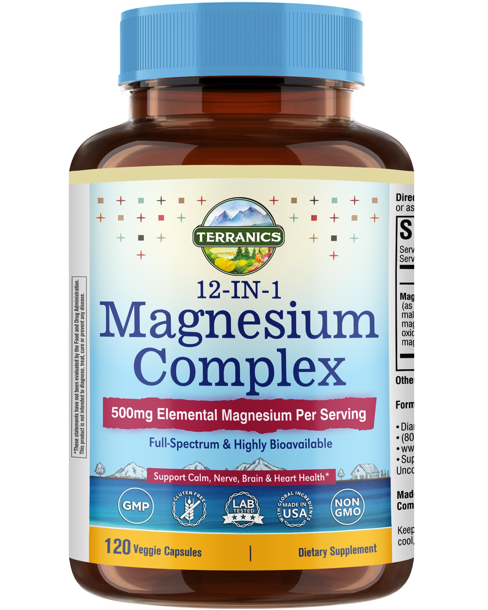 Terranics 12-in-1 Magnesium Complex 500mg, High Absorption Chelated Magnesium Glycinate, Citrate, Malate, Taurate, Orotate & More, for Sleep, Calm, Energy, Heart, Vegan, Non-GMO,120 Capsules - Maple Wellness Supplements