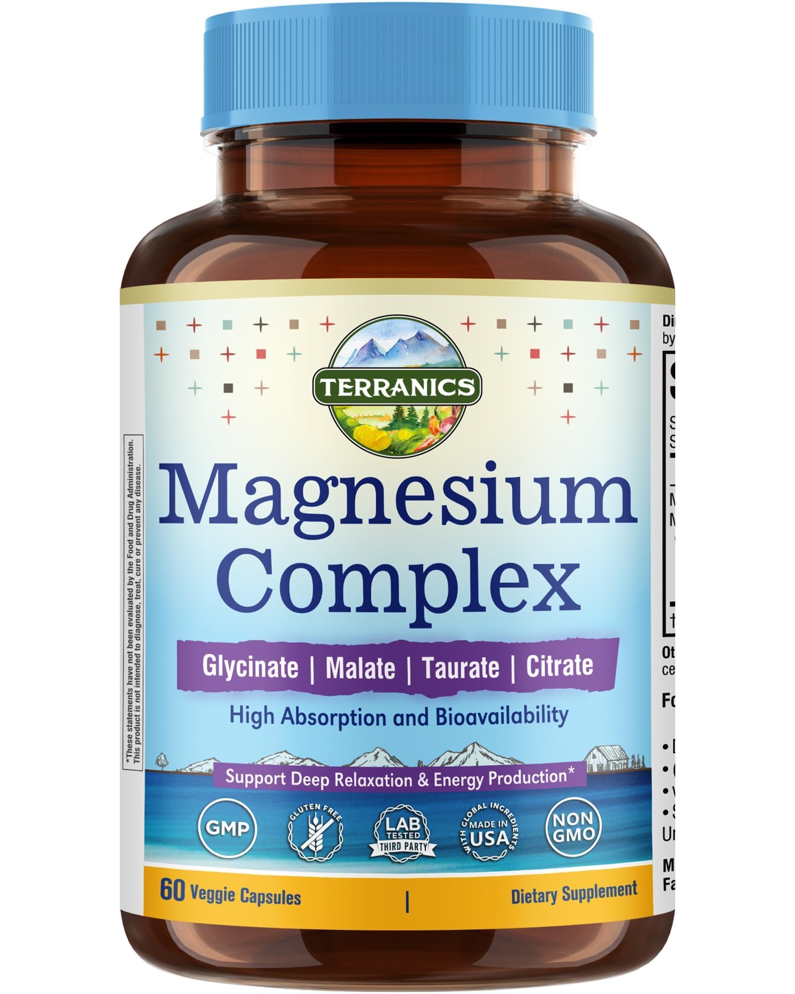 Terranics Magnesium Complex 500mg, Glycinate, Malate, Taurate, Citrate, Chelated Purified Easily Absorbed Magnesium Supplement for Sleep, Heart, Energy, Digestion Support, 60 Capsules - Maple Wellness Supplements