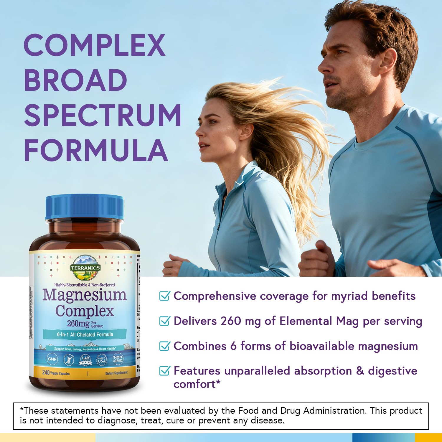 Terranics Magnesium Complex, 6-in-1, High Absorption, Glycinate, Citrate, Aspartate, Gluconate, Calmness, Heart, Bone, 240 Capsules, Non-Buffered - Maple Wellness Supplements