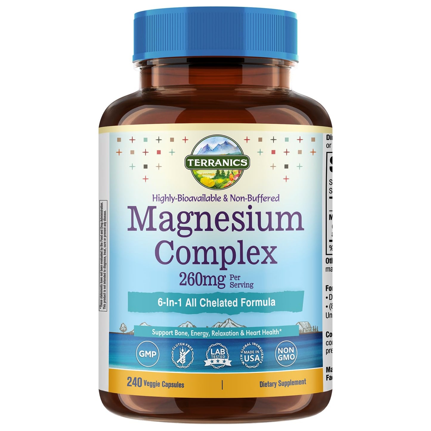 Terranics Magnesium Complex, 6-in-1, High Absorption, Glycinate, Citrate, Aspartate, Gluconate, Calmness, Heart, Bone, 240 Capsules, Non-Buffered - Maple Wellness Supplements