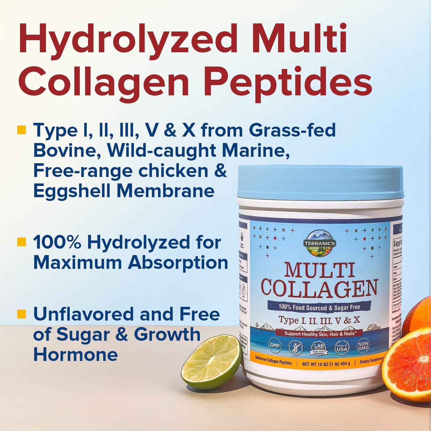 Terranics Multi Collagen Peptides Powder, Type I II III V X Hydrolyzed Collagen for Women+Men, Collagen Supplements, Fast Dissolve - Maple Wellness Supplements
