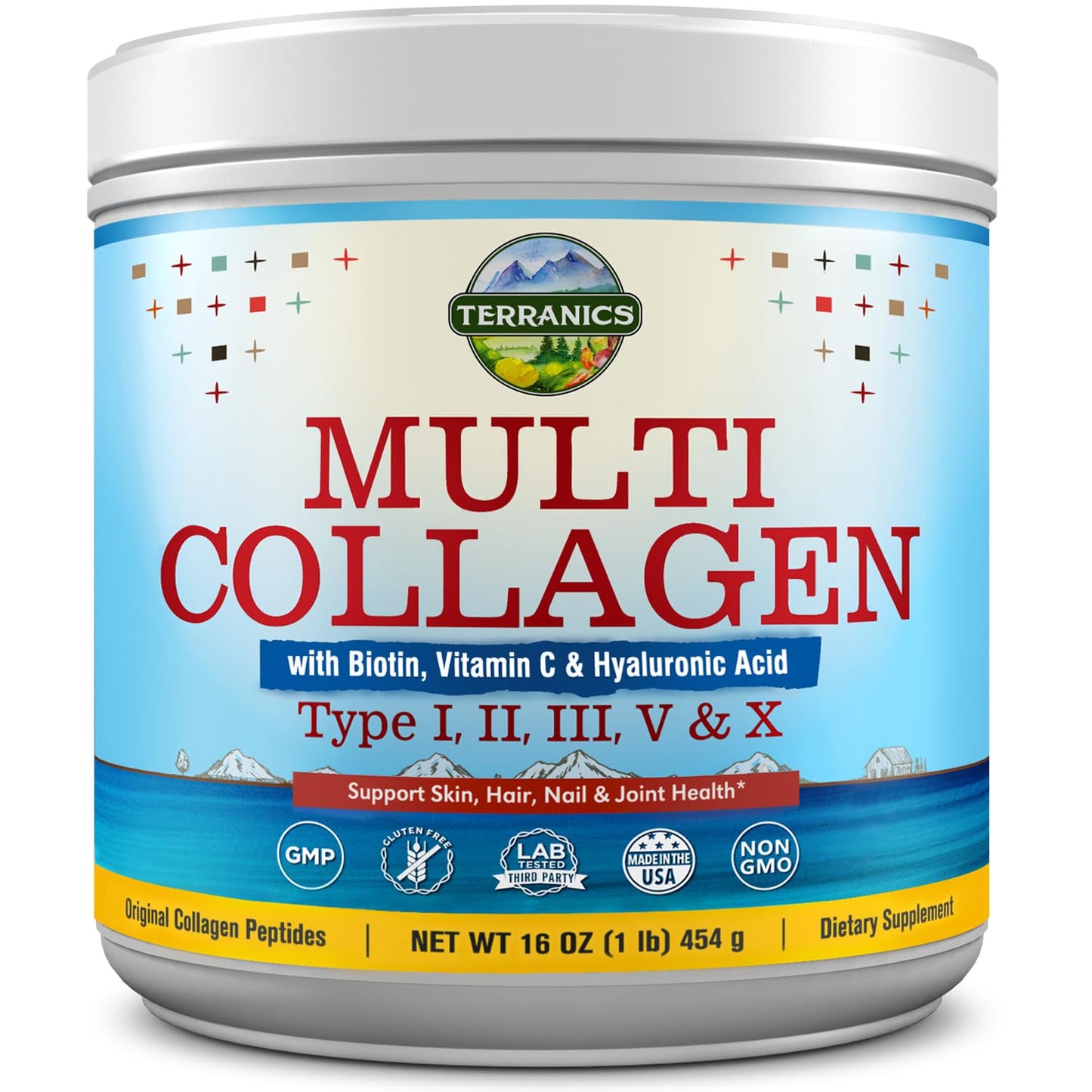 Terranics Multi Collagen Powder Type I II II V X with Biotin VC Hyaluronic Acid, Paleo - Maple Wellness Supplements