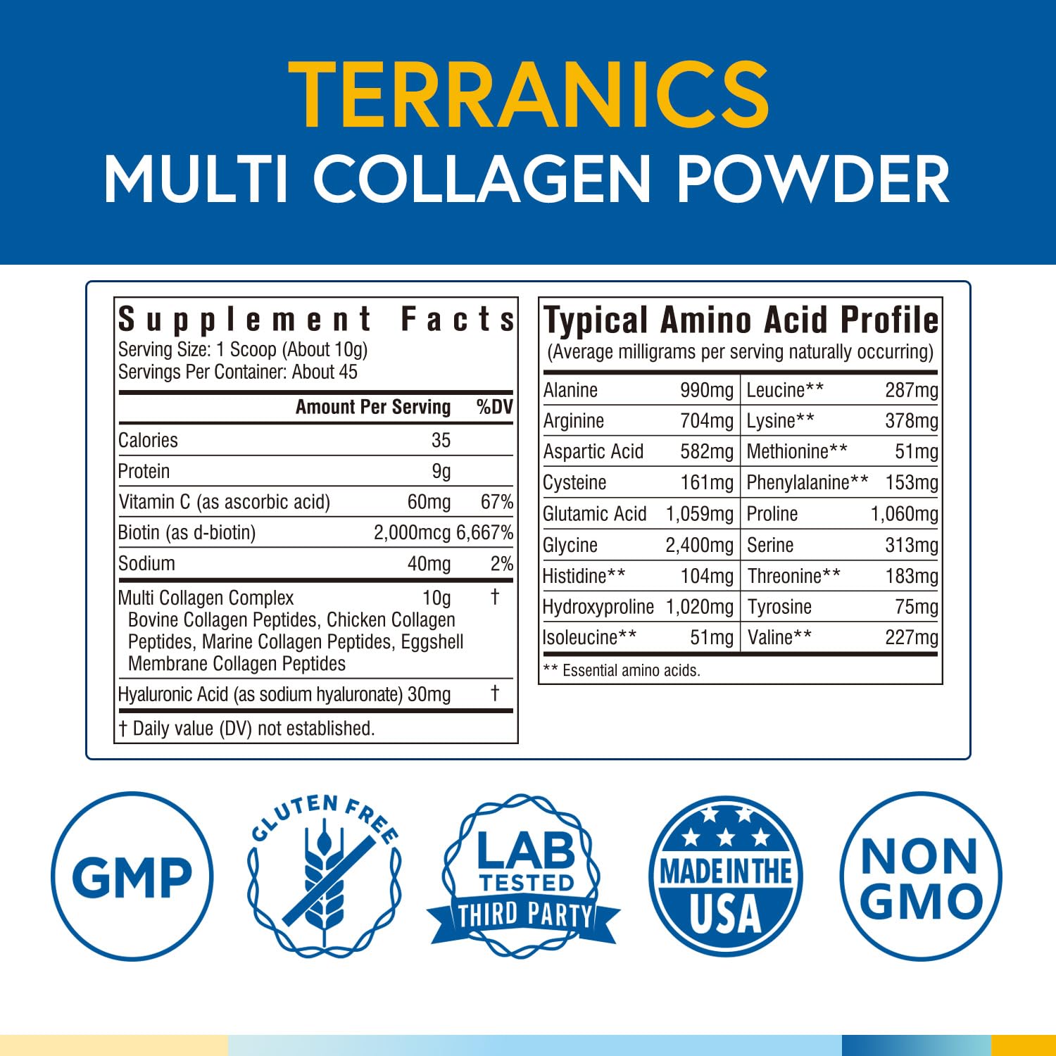 Terranics Multi Collagen Powder Type I II II V X with Biotin VC Hyaluronic Acid, Paleo - Maple Wellness Supplements