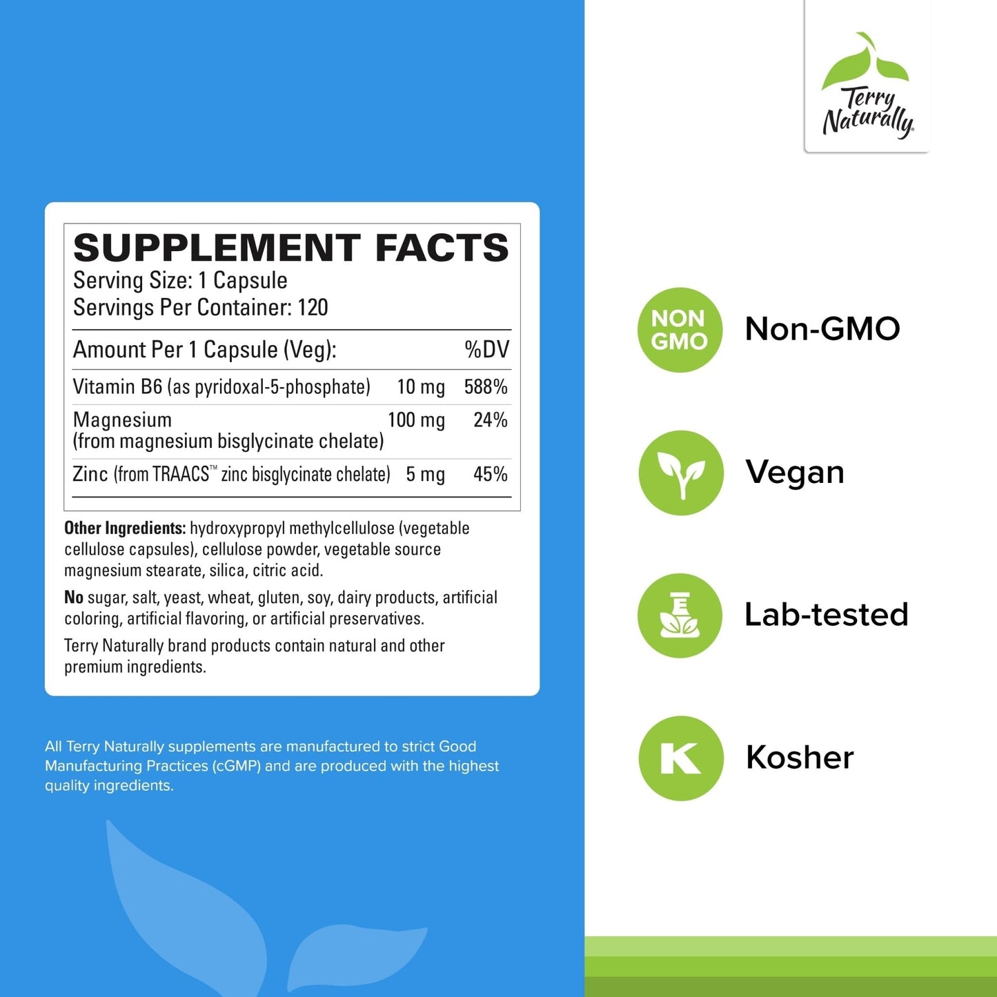 Terry Naturally BioActive Magnesium Complex - Bone & Heart Health Support - Supplement with Vitamin B6, Zinc & Magnesium - Pyridoxal-5-Phosphate Vegan Capsule Supplement - 120 Capsules - Maple Wellness Supplements