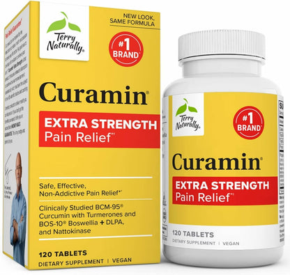 Terry Naturally Curamin Extra Strength - 120 Vegan Tablets - Non-Addictive Pain Relief Supplement with Curcumin from Turmeric - Maple Wellness Supplements