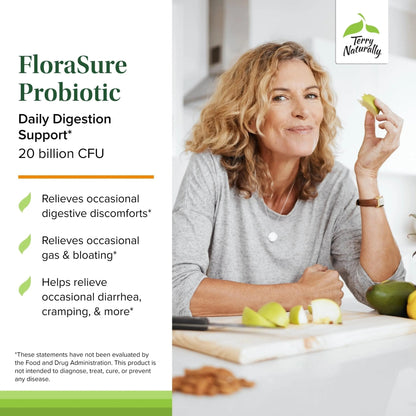 Terry Naturally FloraSure Probiotic - Digestion Supplement to Aid Against Occasional Bloating & Support Gas Relief - Gut Health Support Supplement with Bifidobacterium Bifidum - 30 Capsules - Maple Wellness Supplements