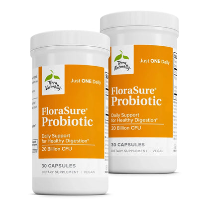 Terry Naturally FloraSure Probiotic - Digestion Supplement to Aid Against Occasional Bloating & Support Gas Relief - Gut Health Support with Bifidobacterium Bifidum - 30 Capsules (Pack of 2) - Maple Wellness Supplements