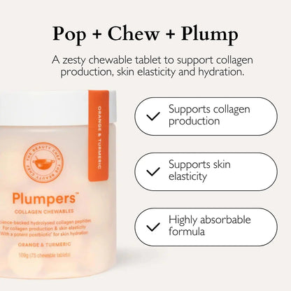 The Beauty Chef Plumpers™ Collagen Chewable Tablets with Hyaluronic Acid & Postbiotic, Supports Skin Elasticity & Collagen, Women's Multivitamin, Collagen Peptides, 75 Tablets (Orange & Turmeric) - Maple Wellness Supplements