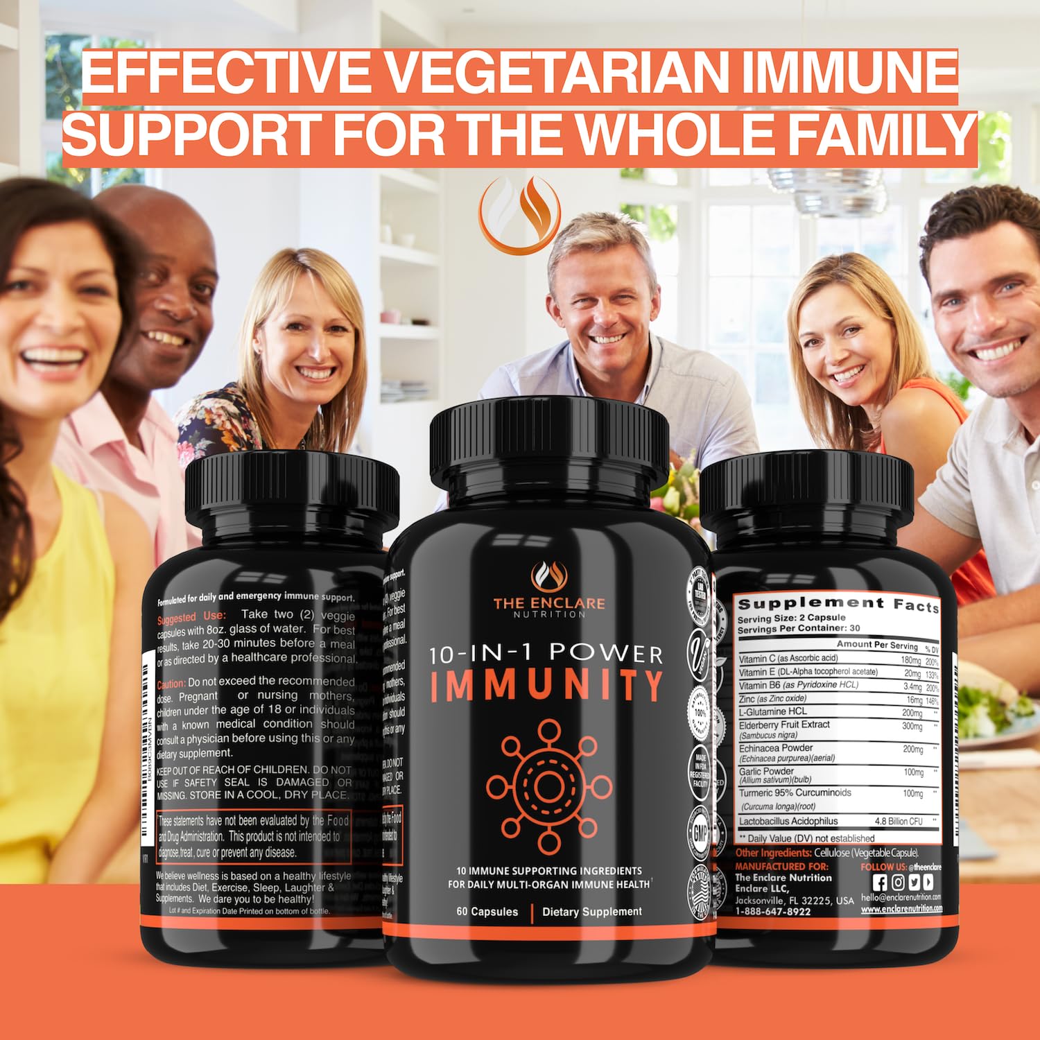 THE ENCLARE NUTRITION 10 in 1 Immune Support Booster Supplement with Echinacea, Vitamin C and Zinc, Turmeric, Ginger, B6, Elderberry for Adults Immunity Defense Vitamins, Made in USA Veg Cap 60 Ct (1) - Maple Wellness Supplements