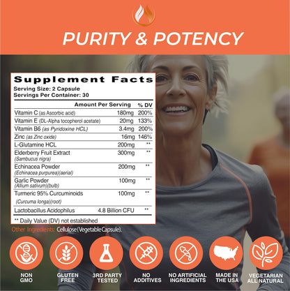 THE ENCLARE NUTRITION 10 in 1 Immune Support Booster Supplement with Echinacea, Vitamin C and Zinc, Turmeric, Ginger, B6, Elderberry for Adults Immunity Defense Vitamins, Made in USA Veg Cap 60 Ct (1) - Maple Wellness Supplements