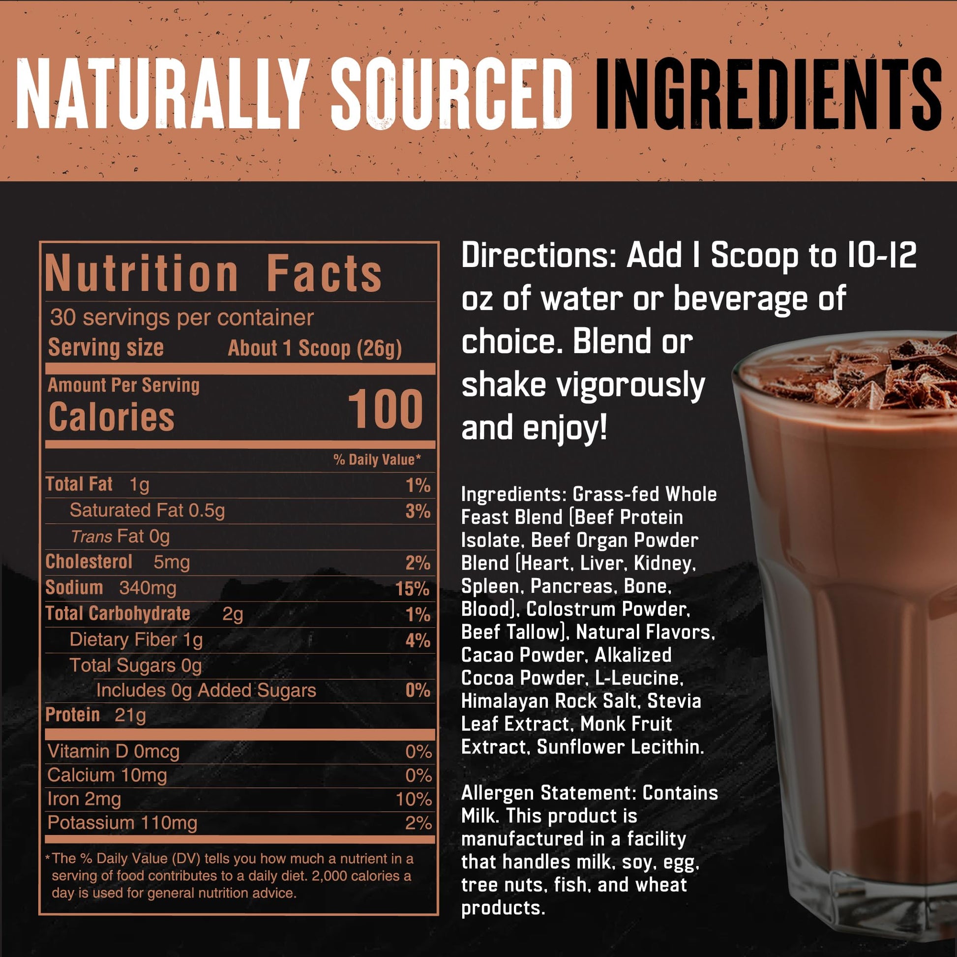 The Fittest Whole Feast Beef Protein Powder - Milk Chocolate - Grass Fed Nose to Tail Carnivore Blend Including Liver, Colostrum and Whole Bone - BCAAs - 14g Collagen, 21g Total Protein - Maple Wellness Supplements