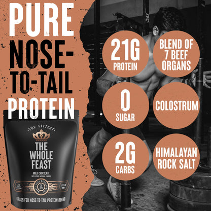 The Fittest Whole Feast Beef Protein Powder - Milk Chocolate - Grass Fed Nose to Tail Carnivore Blend Including Liver, Colostrum and Whole Bone - BCAAs - 14g Collagen, 21g Total Protein - Maple Wellness Supplements