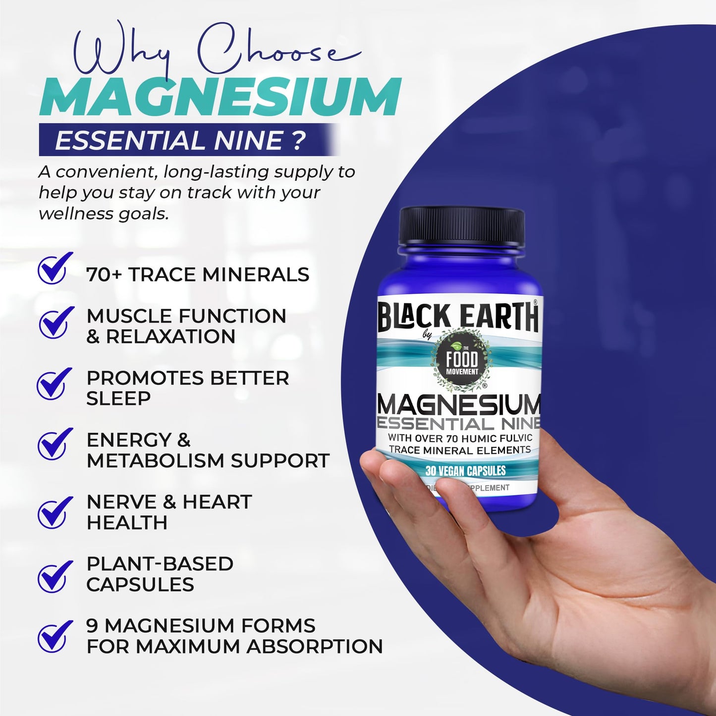 The Food Movement Co. Black Earth Magnesium Essential Nine - Vegan Capsules with Magnesium Glycinate, Citrate, Malate and More - 9 Bioactive Forms for Optimal Health (30 Count) - Maple Wellness Supplements