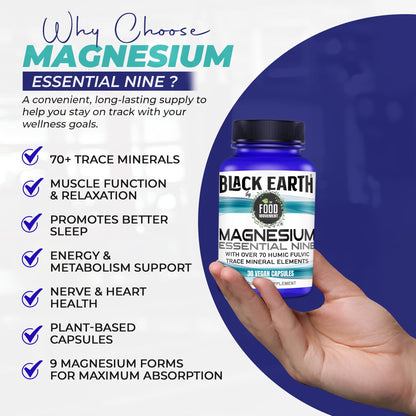 The Food Movement Co. Black Earth Magnesium Essential Nine - Vegan Capsules with Magnesium Glycinate, Citrate, Malate and More - 9 Bioactive Forms for Optimal Health (30 Count) - Maple Wellness Supplements