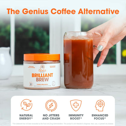 The Genius Brand Genius Brilliant Brew - Natural Coffee Substitute for Clear Thinking, Energy & Immune Support - No Crash or Jitters - Powered by Nootropics - Non-GMO - 30 Servings - Sweet Cocoa - Maple Wellness Supplements