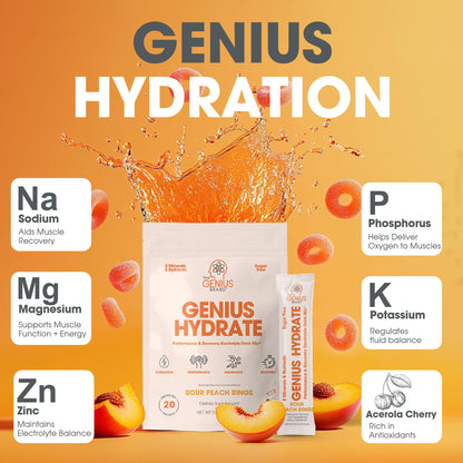 The Genius Brand Genius Hydrate - Electrolyte Supplement for Daily Hydration - Coconut Water - Sugar-Free - 8 Essential Minerals & Nutrients - Non-GMO - Sour Peach Rings - 20 Servings - Maple Wellness Supplements