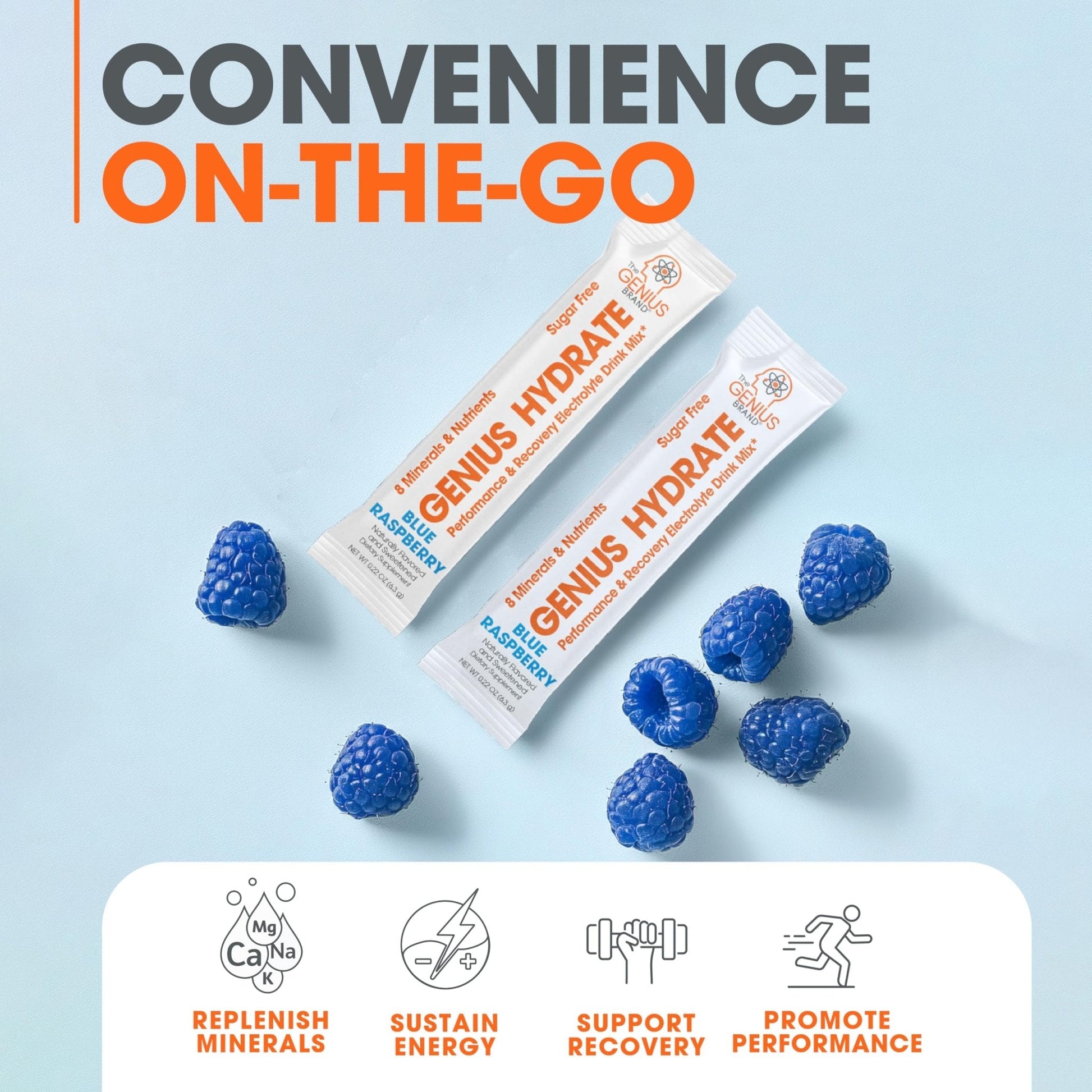 The Genius Brand - Genius Hydrate Stick Pack Powder Drink Mix – Blue Raspberry Flavor, Natural Electrolyte Booster with Coconut Water & Potassium for Ultimate Hydration - 20 Packets - Maple Wellness Supplements