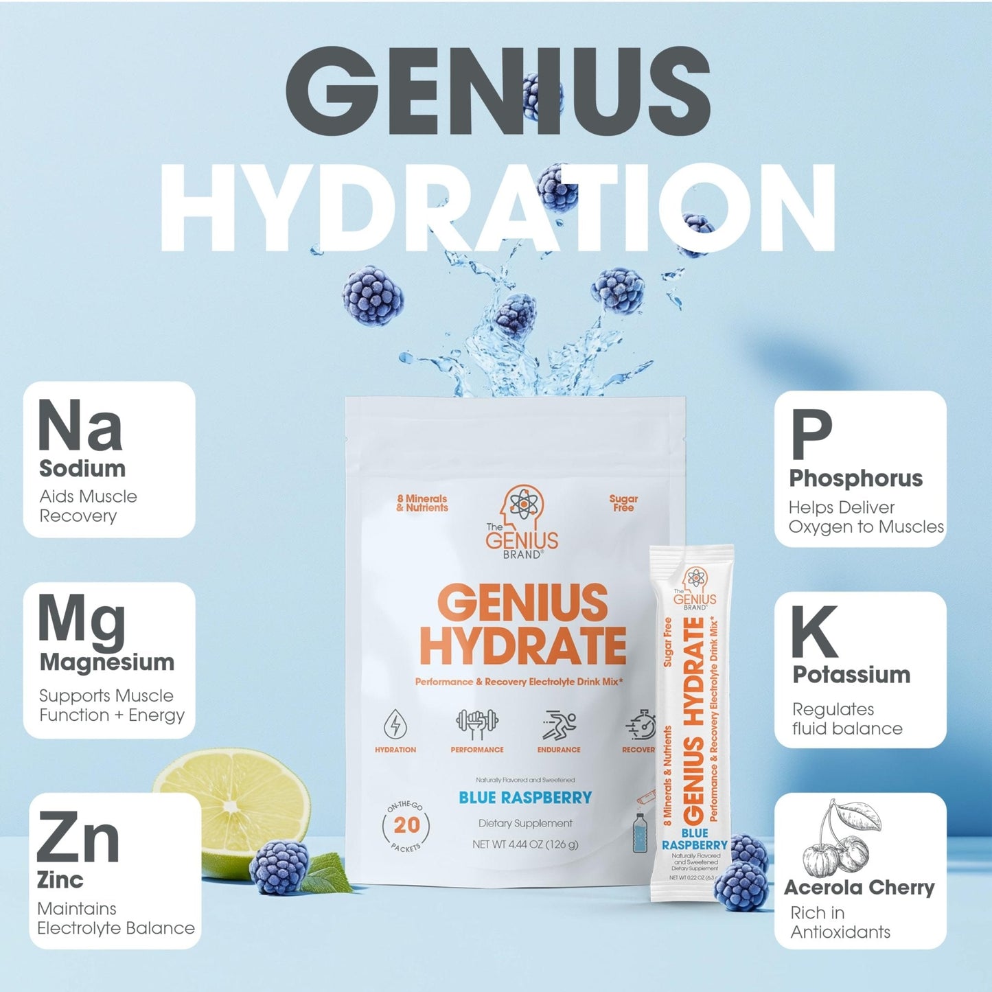The Genius Brand - Genius Hydrate Stick Pack Powder Drink Mix – Blue Raspberry Flavor, Natural Electrolyte Booster with Coconut Water & Potassium for Ultimate Hydration - 20 Packets - Maple Wellness Supplements
